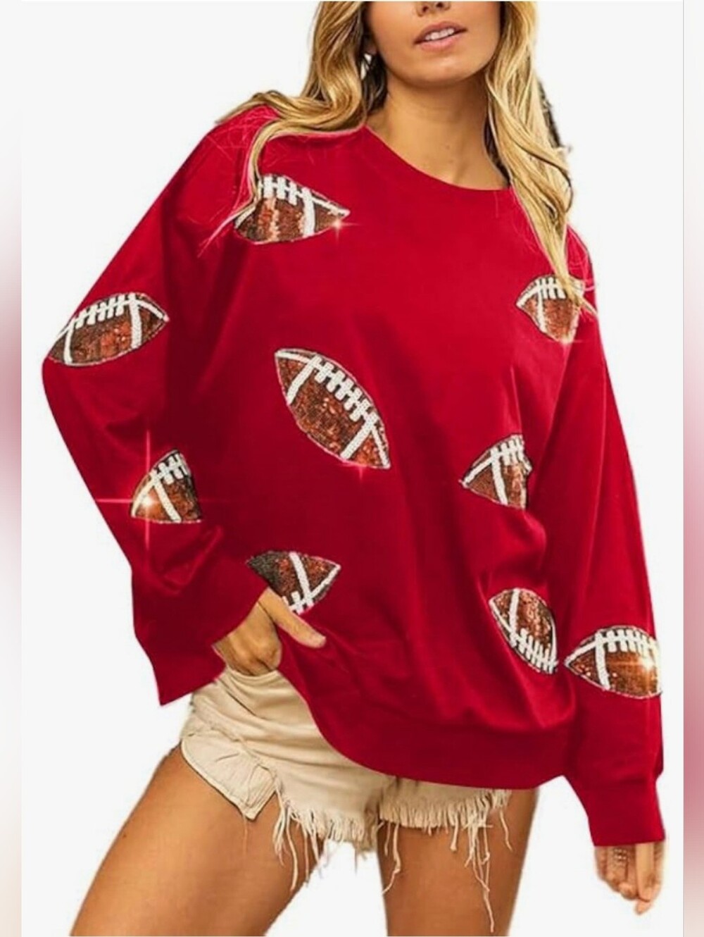 New Red Sequin Football Pullover Sweatshirt - Picture 4 of 6